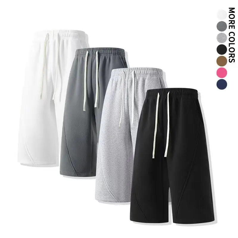 American-style three-dimensional segmented seven-quarter length sweatpants for men and women, elastic drawstring, loose and draping athletic shorts, summer solid color casual pants.