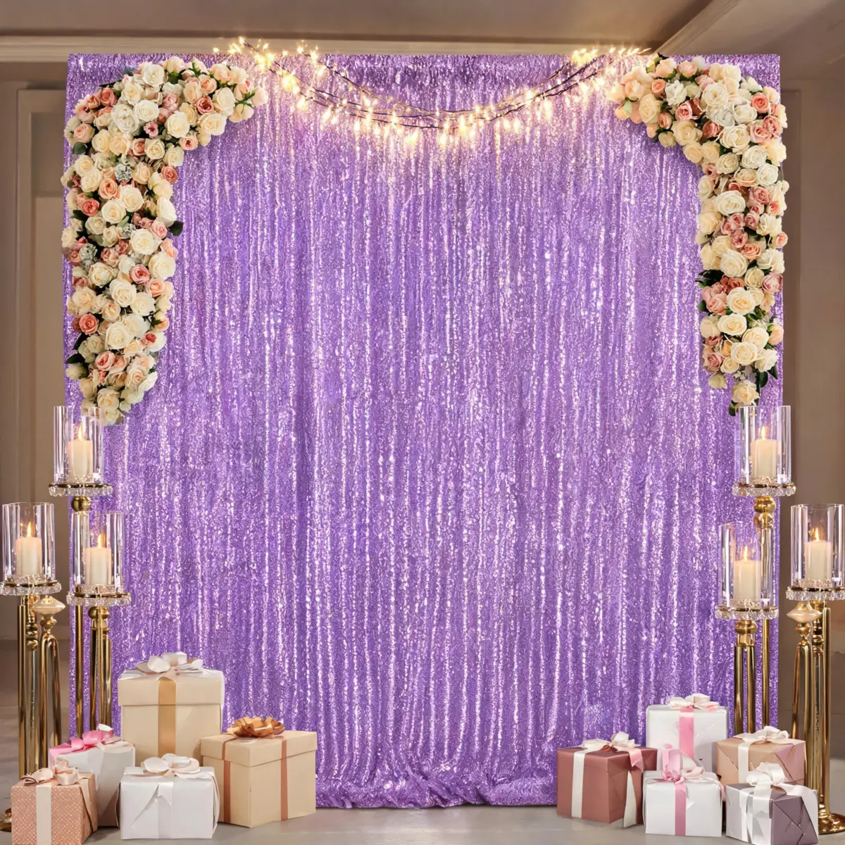 8x8 ft 1-Piece Romantic Polyester Round Photo Backdrop Curtain with Lavender Glitter Round Sequins, Sparkling Effect, for Lakeside Bonfire Wedding Photography, Home & Festive Decor