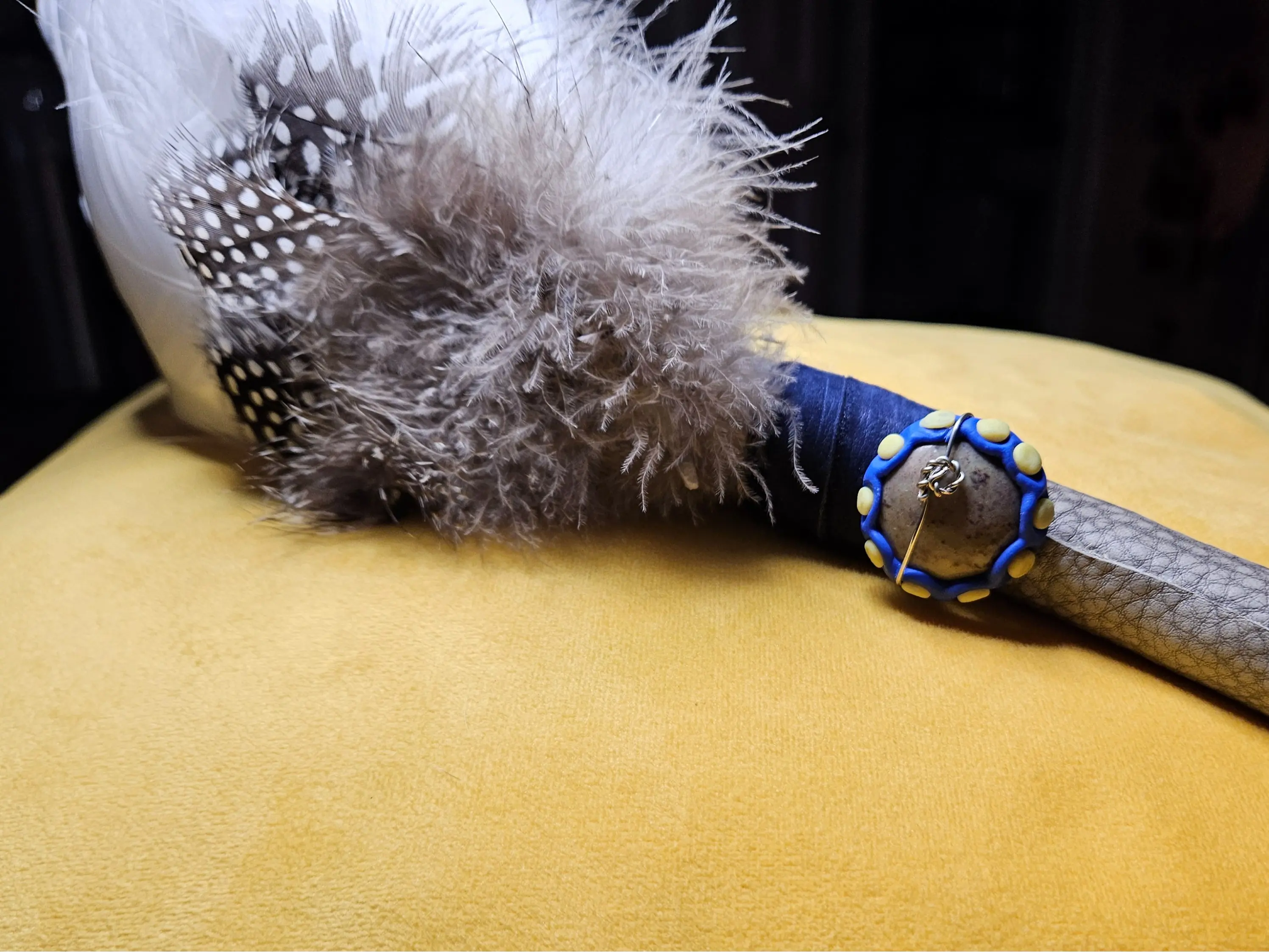 Feathers Leather Stone & Clay Smudge Fan 14" Ethical Handmade Sage Palo Santo Herb Smudging Tool for Adults Natural Stones One of a Kind