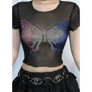 Sparkling Rhinestone Sheer Butterfly Crop Top - Breathable Mesh, Slim Fit, Feminine Style, Casual T-Shirt, Perfect for Spring & Summer Fashion Womenswear Garment