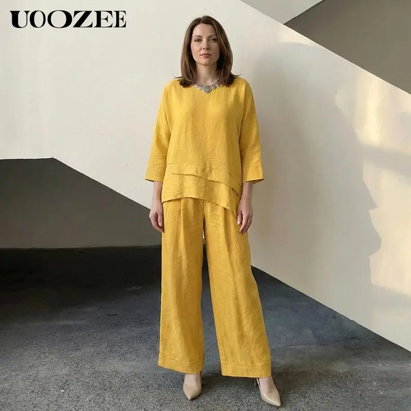 UOOZEE Women's Classic 2-Pcs Casual Oversized Set - Lightweight Poly, Travel-Ready Linen-Like Drape, Cool Comfy Fit, Wrinkle-Resistant V-Neck 3/4 Sleeve Top & High Waist Elastic Waistband Cropped Wide Leg Pocket Pants, Basic Streetwear, 2 Pcs Set