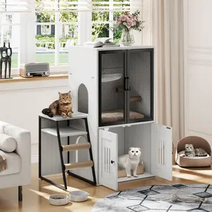 2-Tier Cat Litter Box Enclosure for 2 Cats - Hidden Cat House Furniture with Ladder, Hammock & Sisal Scratching Posts, Spacious Ventilated Cabinet for Indoor Cats