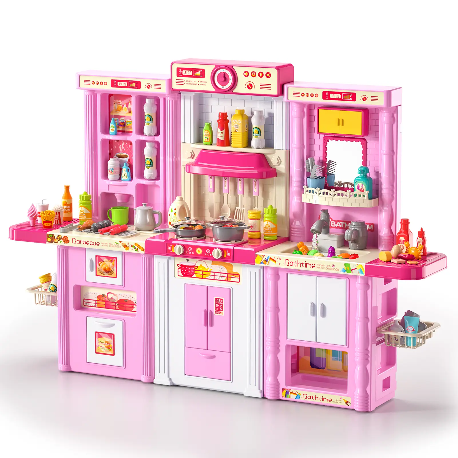 Multifunctional pretend kitchen set for children aged 8–12,featuring built-in lighting and sound effects with realistic steam effects,an integrated toy kit includes a steamer,complete cookware,and simulated fruits and vegetables,Safe, non‑toxic Montessori