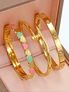 3pcs Fashionable Stainless Steel Jewelry set Suitable For Women's Daily Wear, Exquisite European And American Style Women Love Heart Nail Bracelet, Charm Bracelet, Trendy Stack Bangle, Birthday, Wedding, Valentine's Day Gifts