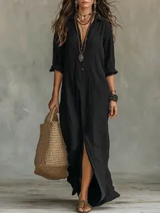 Boho Shirt Dress Women 2026 – Front Button Maxi Dress, Casual Summer Long Dress, Vacation Beach Outfit, Plus Size Relaxed Fit