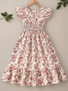 Girls Floral Print V Neck Waist-Defined Flutter Sleeve Dress, Casual Stylish Lightweight Comfortable Dress for Daily Wear, Outings, Beach Vacations