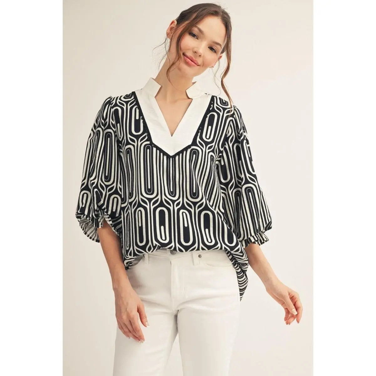 Women's Rayon-Nylon Fabric Top - Casual Geometric Print Blouse, Standing Collar, Scallop Trim, 3/4 Puff Sleeves, Everyday Wear Shirts Piece, Feminine, 3/4 Sleeves, Blouse Shirt, Style, Contrast Neck, Rayon Blend