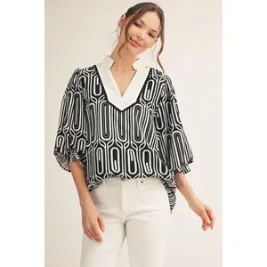 Jodifl Geo Print Standing Collar Scallop Trim Blouse Top