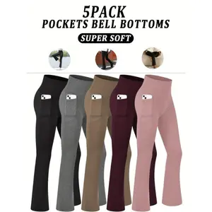 5-PackWomen'sSuperSoftFlarePantsWithPockets,HighWaistedTummyControlAthleticYogaBootPants