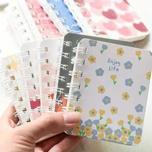 [4-book set] A7 mini spiral notebook, floral decoration small diary, portable pocket book, student notebook/office meeting record book, hand journal material book