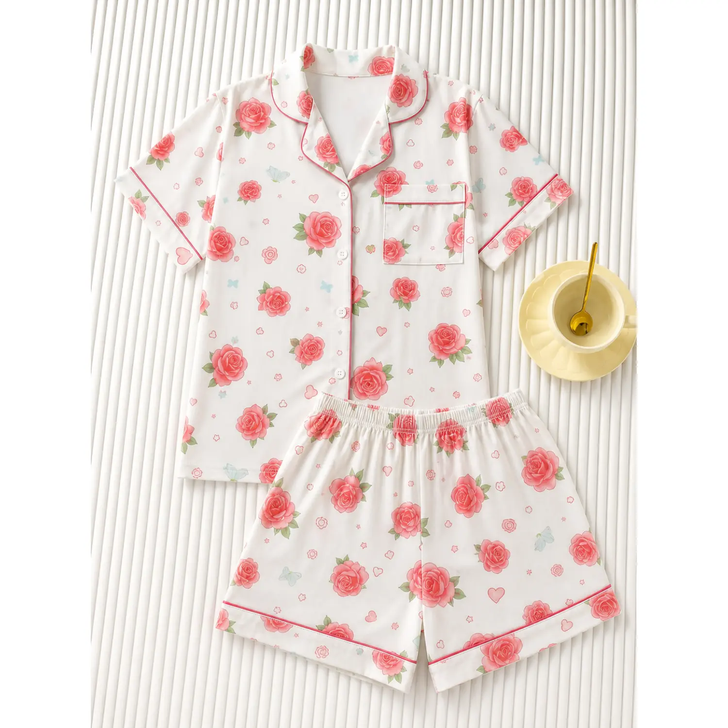 Women's Sweet Rose Letter Print Pajama Set - Premium Smooth Fabric, Skin-Friendly Comfort, Lightweight Button-Up Short Sleeve Top with Shorts