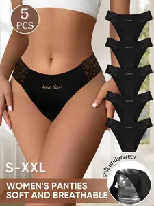 Lace Trim Elegant Triangle Panties 5 Pack for Women, Low Waist Fitted Breathable Nylon Lingerie Underwear, Soft Skin-Friendly Design for All Seasons