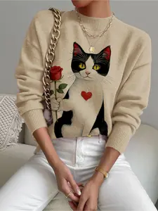 Women's Cartoon Cat Animal Print Stand Collar Sweater, Fall Winter Casual Long Sleeve Knitting Knitwear, Comfortable Warm Daily Wear Tops