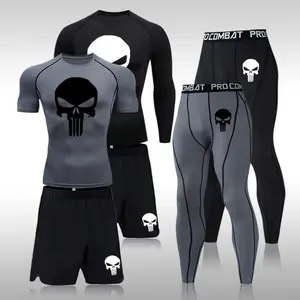 Raw Street Wear 4XL MMA Men Compression Sets Tracksuit Skull Mens Sport Jogging Suit Running Set Rashgard Gym Clothing Men Fitness Workout Tight