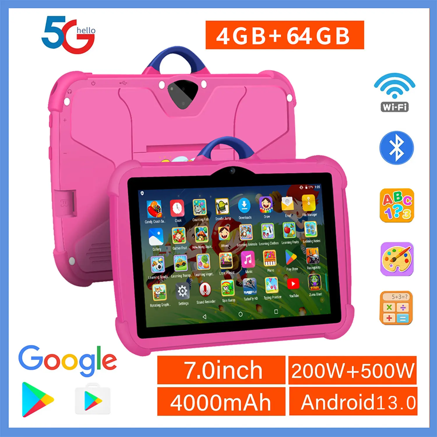 2026 New 5G WiFi kids Learning Tablet, 7-Inch Google educational Tablet PC, Quad-Core, 4GB RAM, 64GB ROM, Budget-Friendly Children's Favorite