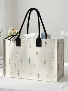 1 piece of fresh floral pattern 2D printed large capacity storage bag, extra large storage bag, sturdy handle, space-saving multi-purpose, Fashionable Shopping Bag, reusable bags, Shopping Totes, suitable for use at school, business trips, shopping