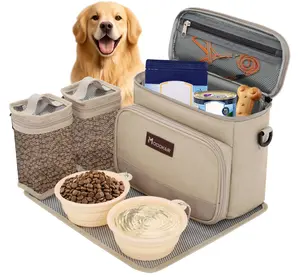 Modoker Dog Travel Bag Organizer for Supplies with 2 Food Containers, 2 Collapsible Bowls & Feeding Mat, Airline Approved Dog Portable Pet Food Kit for Weekends, Overnights, Daycare & Camping, Sand