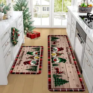 2/3pcs Christmas kitchen carpet floor mat, thickened soft anti slip flannel retro Santa Claus Christmas tree printed floor mat, suitable for kitchen, entrance door, laundry room, bathroom, room Christmas decoration floor mat, Machine Washable Rugs