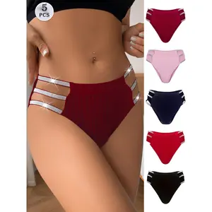 5-Pack Women's Sexy Low-Waist Panties, Shiny Waistband and Hollow Design - 5 Colors Available  Soft Breathable High Elasticity Underwear, Mature Elegant Daily Comfort, High-Waist Cut Panties |     Lace Patterned Underwear Basic Womenswear SpringStatements