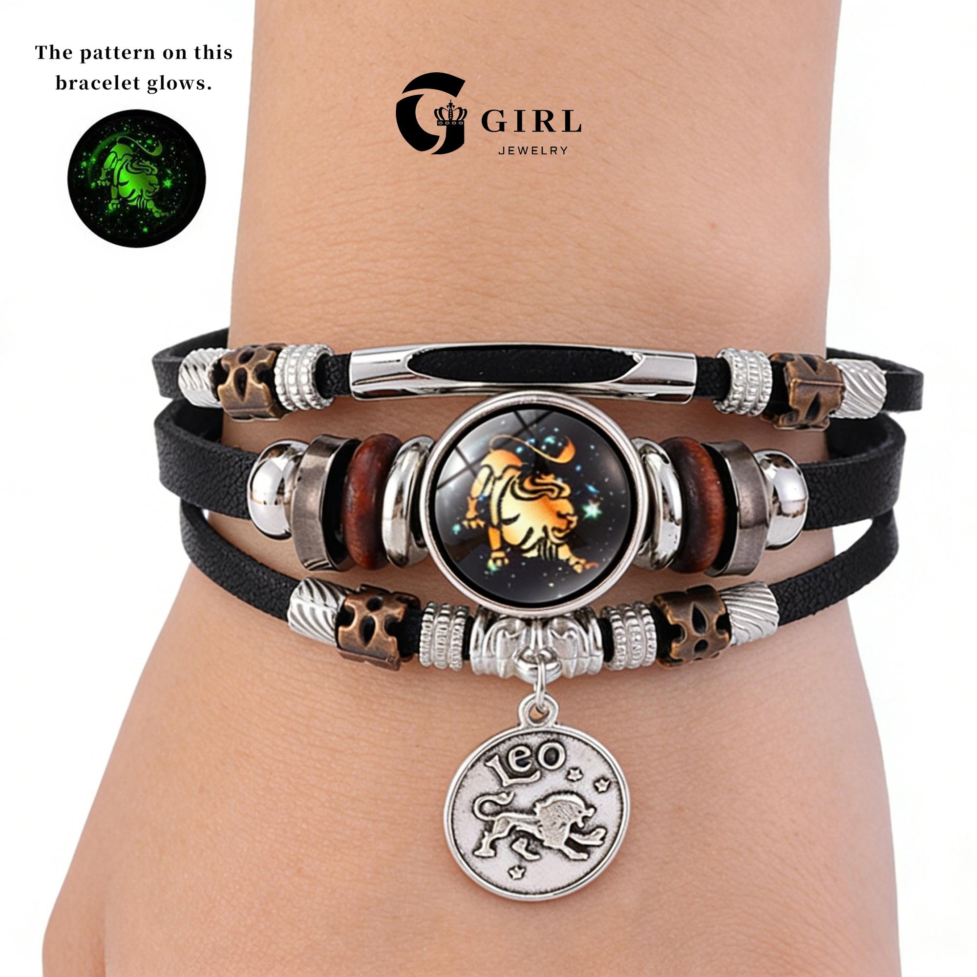 GGIRL 12 Constellation Vintage Bracelet for Men Women Braided Punk Leather Bracelets Gift Glow in The Dark Bracelet