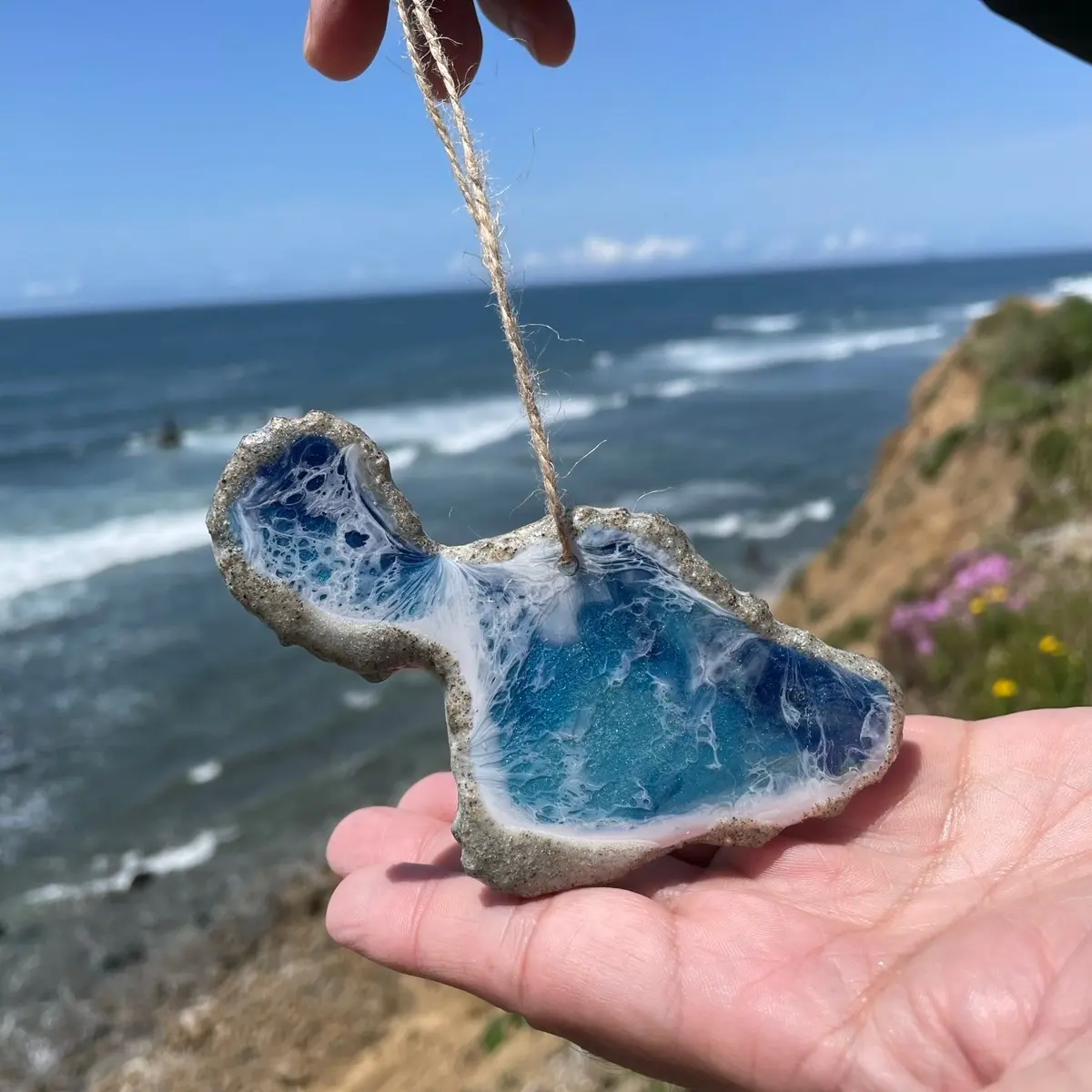 Maui Handmade Ornament Ocean and Beach with Resin and Real Sand