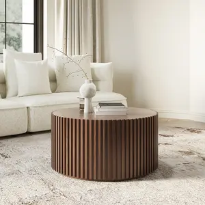 Fluted Round Coffee Table, Minimalist Wood Coffee Table, Mid Century Modern, Light Walnut Color, Fully Assembled, 31.5"