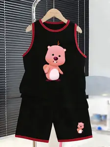 Summer Boys' Sports Set, Squirrel Cartoon Design, Sleeveless Vest & Short Pants Two-Piece, Breathable Comfort, Casual Daily Wear