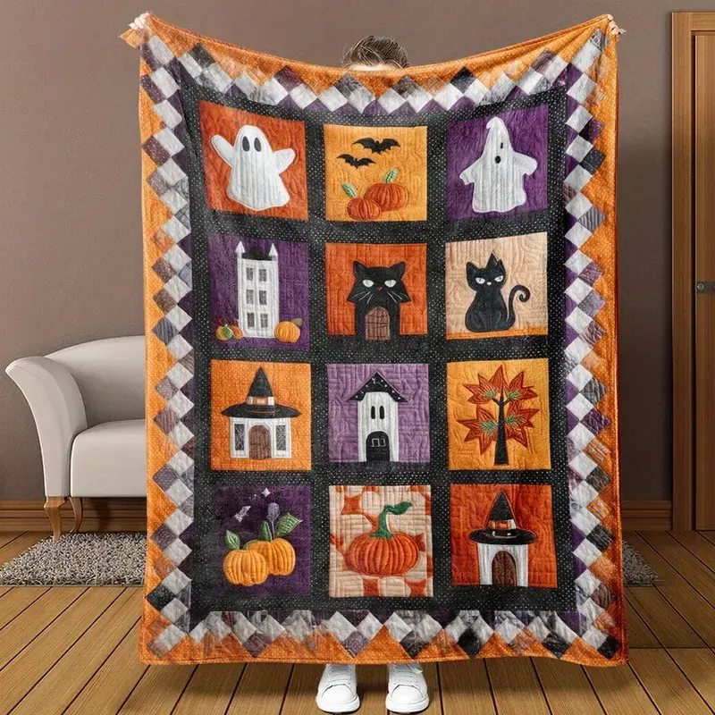 Soft Funny Throw Blanket Vintage Plaid Pumpkin Ghost Bat Patchwork Halloween Flannel Throw Blanket Soft Warm Decor Blanket, Couch Bedroom Nap Blanket, Autumn Holiday Gift Plush Home Blanket For All Seasons