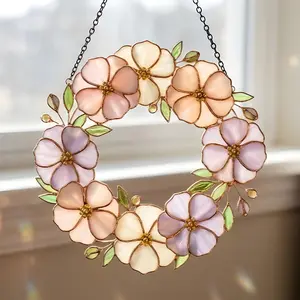 Pastel Floral Wreath Window Suncatcher, Soft Pink Botanical Hanging Decor