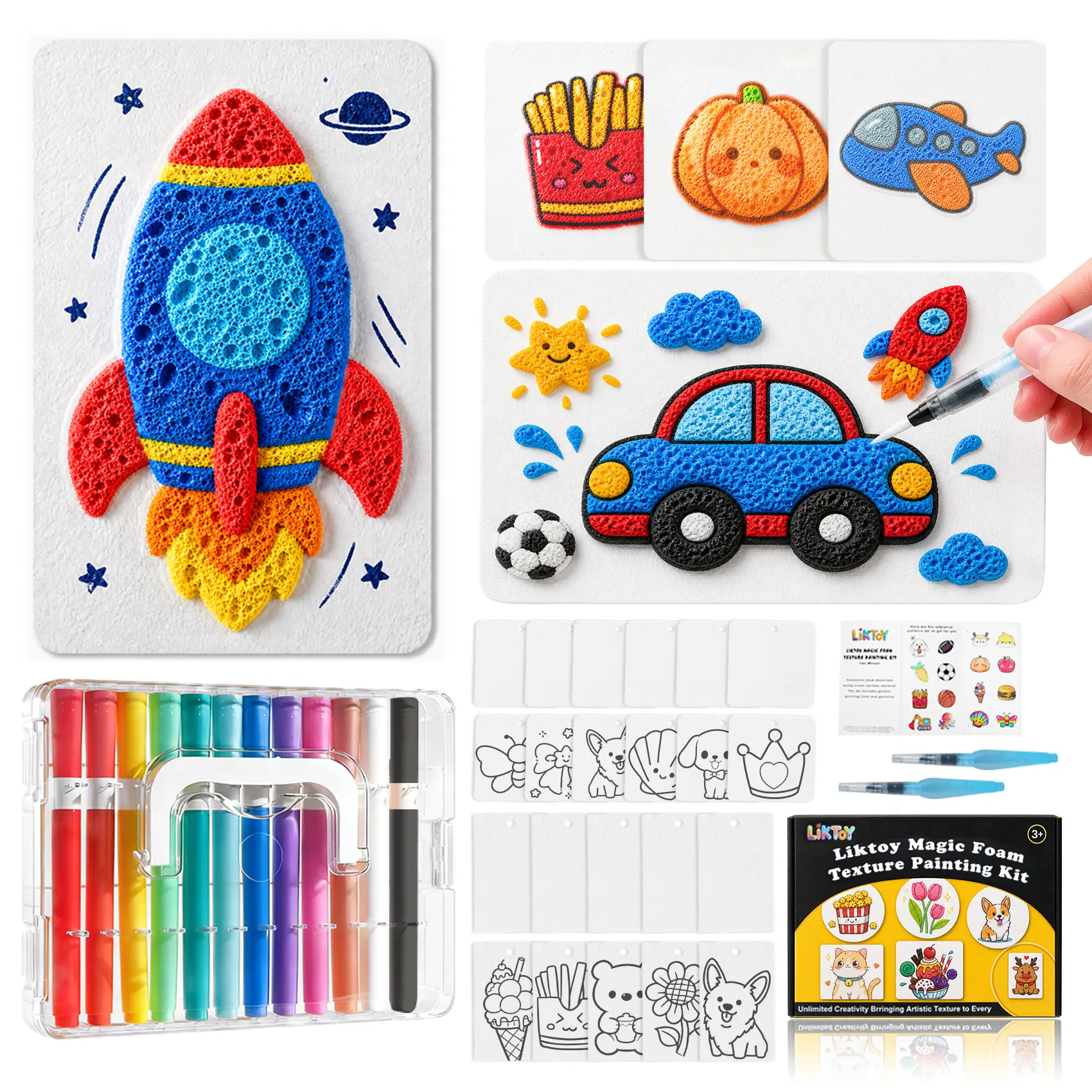 Liktoy 44 Pcs Magic Foam Texture Painting Kit, Including 28 Pcs Foam Texture Paper,  12Colors Brush Tip Acrylic Paint Markers, Magical 3D Effect Painting Kit  Valentine's Day Christmas GIft