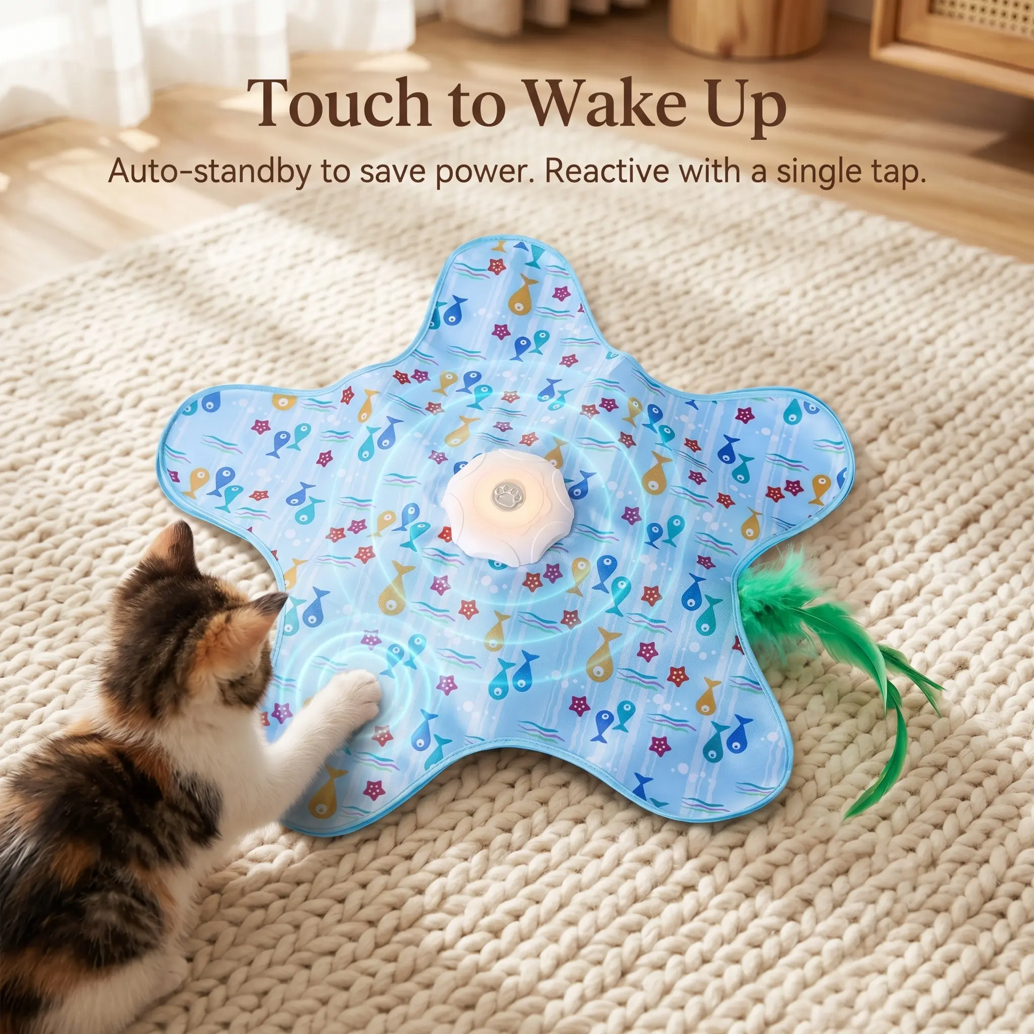 OmniPets Automatic Peek-A-Boo Cat Toy - Rechargeable Moving Feather Mat, 3-Speed, Gentle Starter, Touch Wake Up, Quiet Starfish, Fabric Cover, Auto Standby, Curiosity Boost, Boredom Relief for Indoor Cats Small Apartments, Kitty Interactive Toys