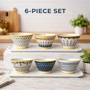 5 Inch Ceramic Bowls Set Of 6, Mixed Pattern Dessert Ice Cream Soup Cereal Snack Rice ChiliSalsa Bowls, Microwave & Dishwasher Safe, Lead-Free Tableware