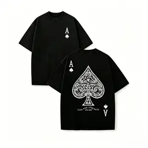 Retro Washed T-Shirt Double Sided Printed (230 Pure Cotton T-Shirt) 'LUCK AND STRENGTH'  Letter And Ace Of Spades Pattern Print, Men's T-Shirt, Men's Casual, Comfortable, Fashionable T-Shirt, Street Style Cotton