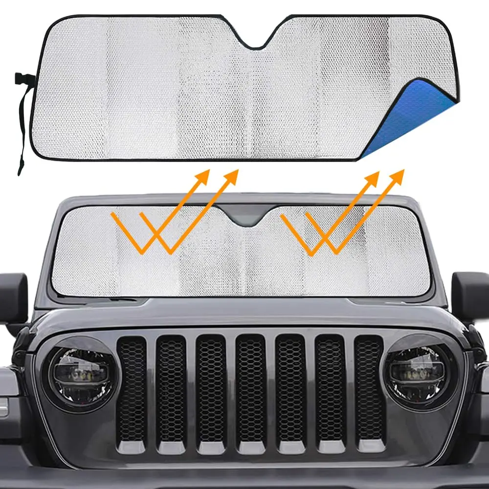 Big Hippo Windshield Sun Shade Car Sun Shade for 2007-2024 Wrangler Rubicon Sahara TJ JK JKU 2 & 4 Door-Sun Visor Protector Blocks UV Rays Windshield Sunshade, Blue