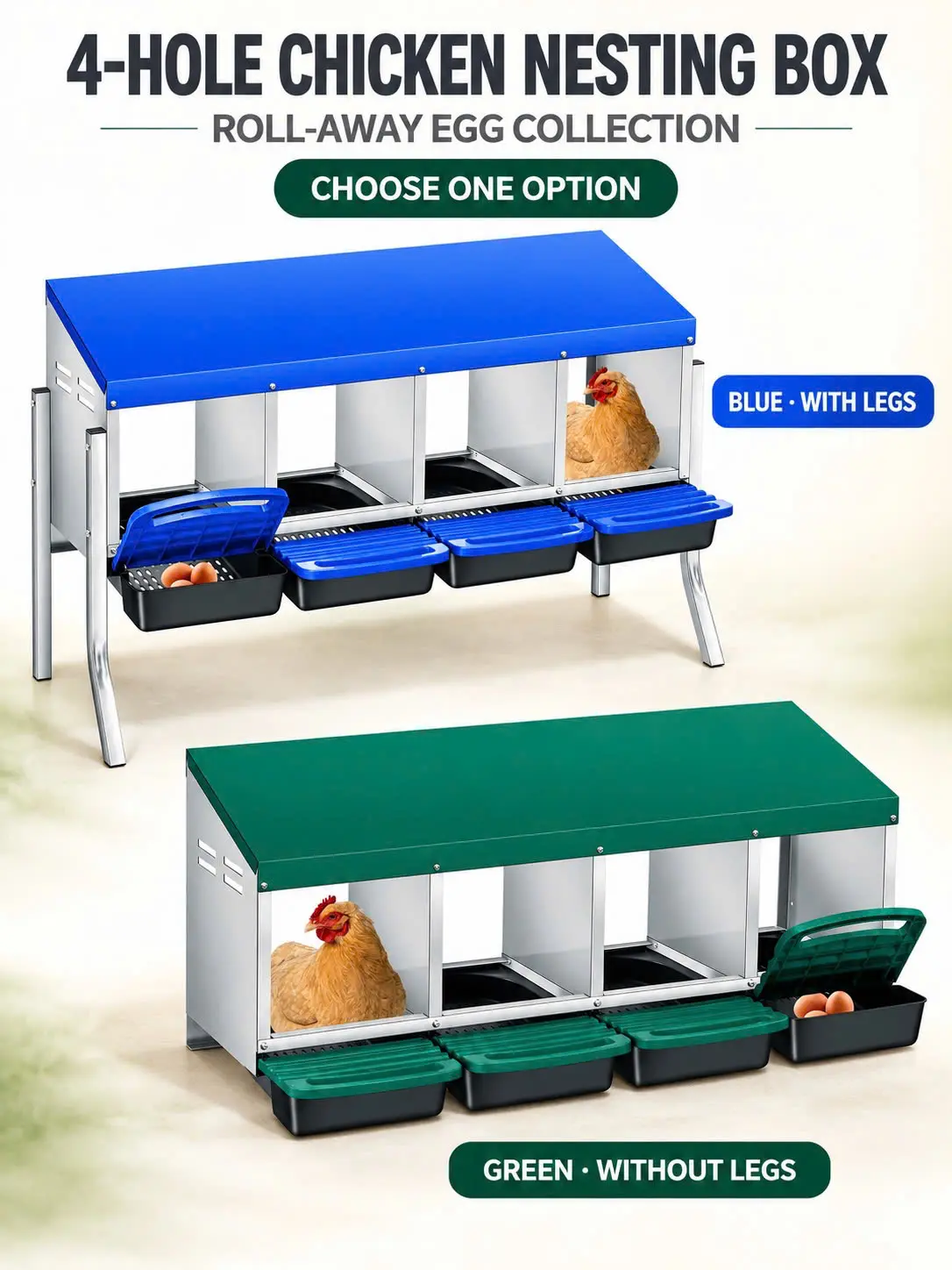 [2 TYPE] Galvanized Steel 4-Hole Chicken Nesting Box with Roll-Away Egg Tray for Chicken Coop