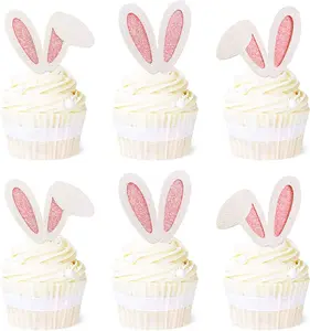 24 Pack Easter Bunny Ear Cupcake Toppers, Glitter Rabbit Ears Cupcake Picks, Easter Day Cake Toppers for Easter Theme Spring Birthday Baby Shower