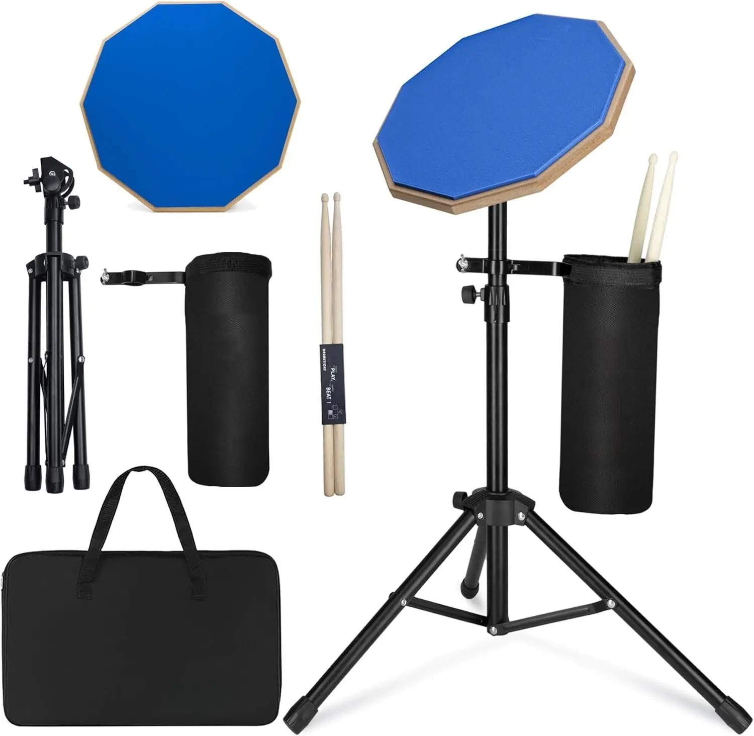 12 Inch Practice Drum Pad with Stand and Sticks, Beginner Snare Drum Pad with Drumsticks(2 pairs) and Carrying Bag, Double Sided Silent Drum Pad (Blue)