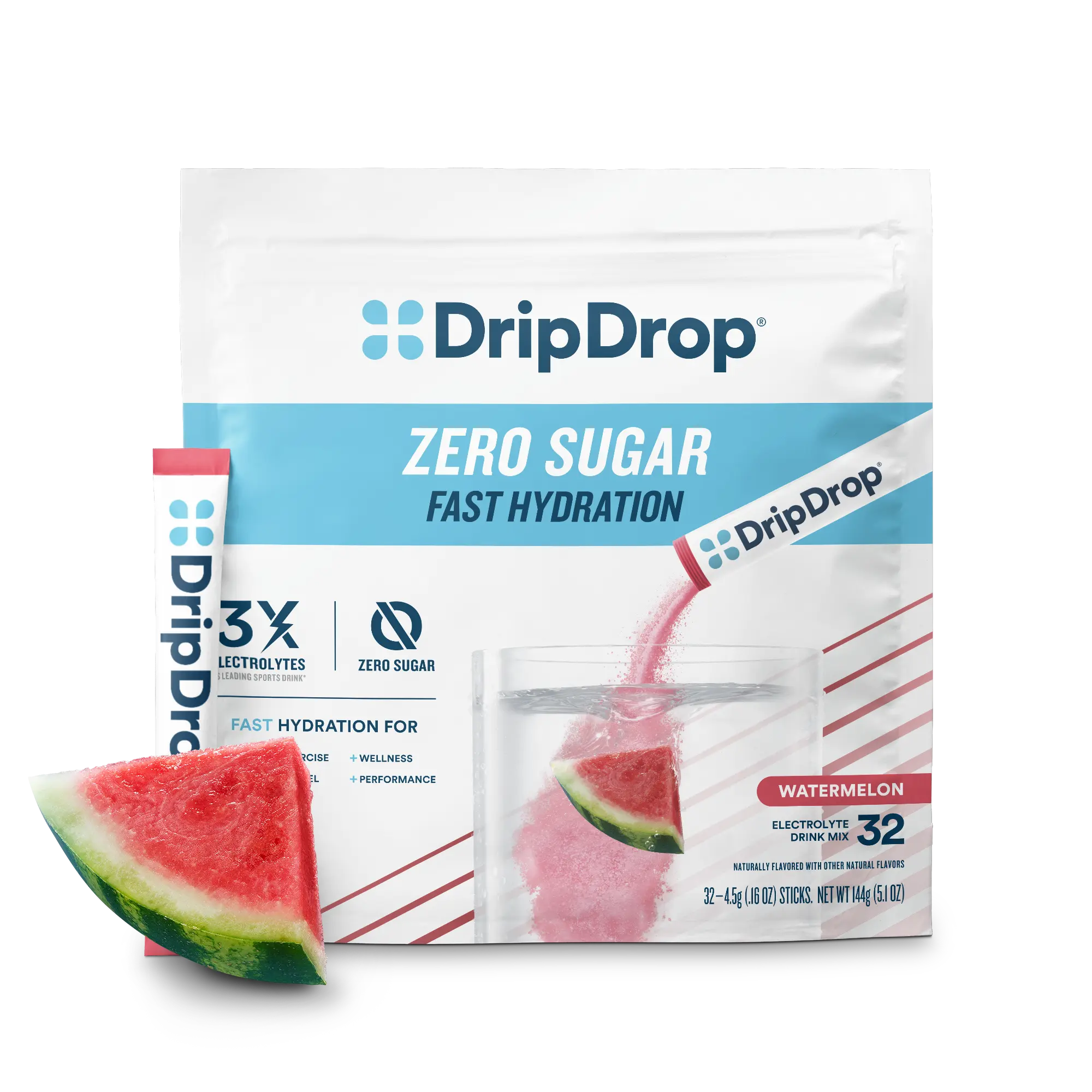 DripDrop Zero Sugar Watermelon Electrolyte Powder, 8 oz sticks, 32 count