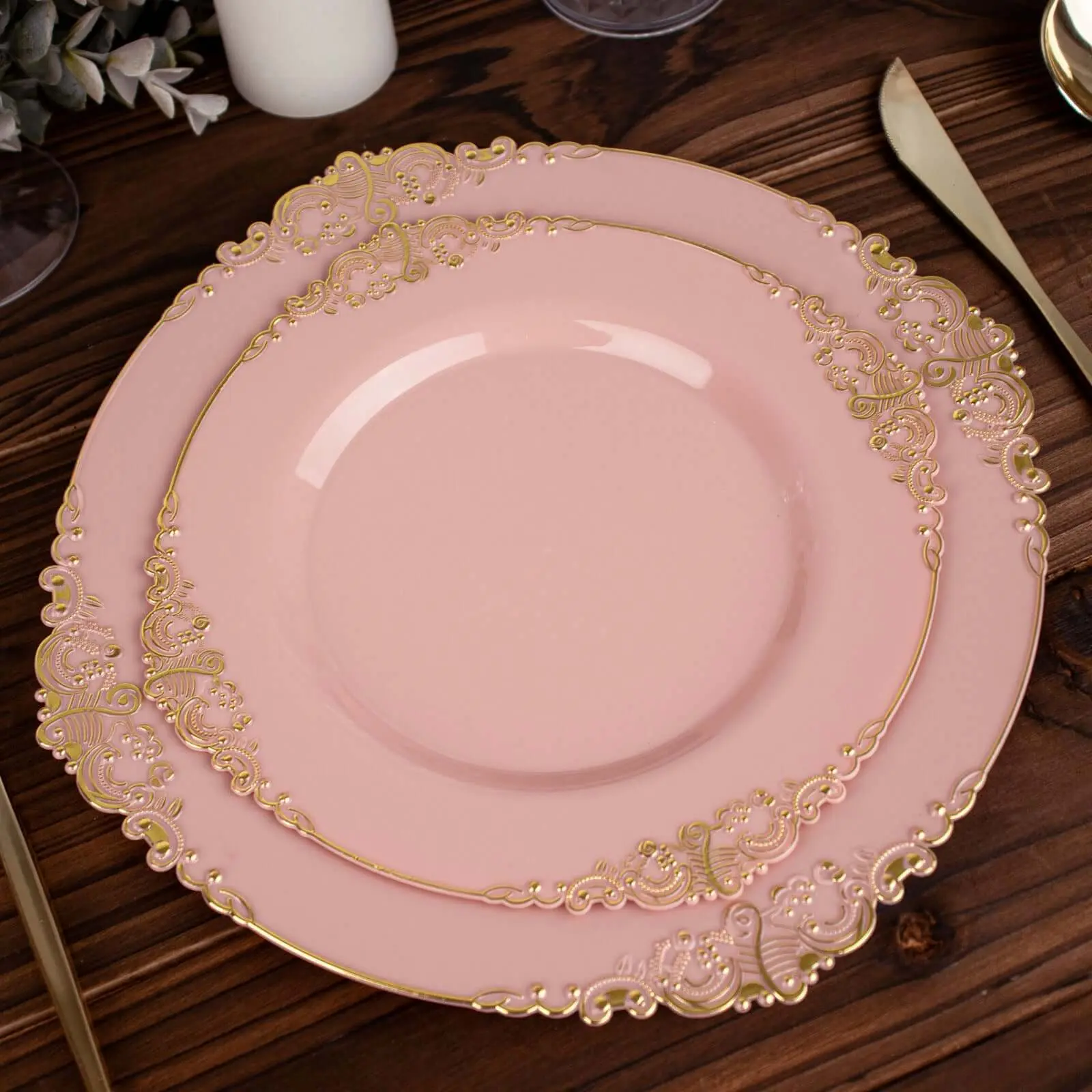10-Pack Disposable Round Party Plates, 8in Dusty Rose Floral Gold Leaf Embossed Spill-Proof Rims - Vintage Baroque Elegant Salad Plates for Weddings, Round Plates