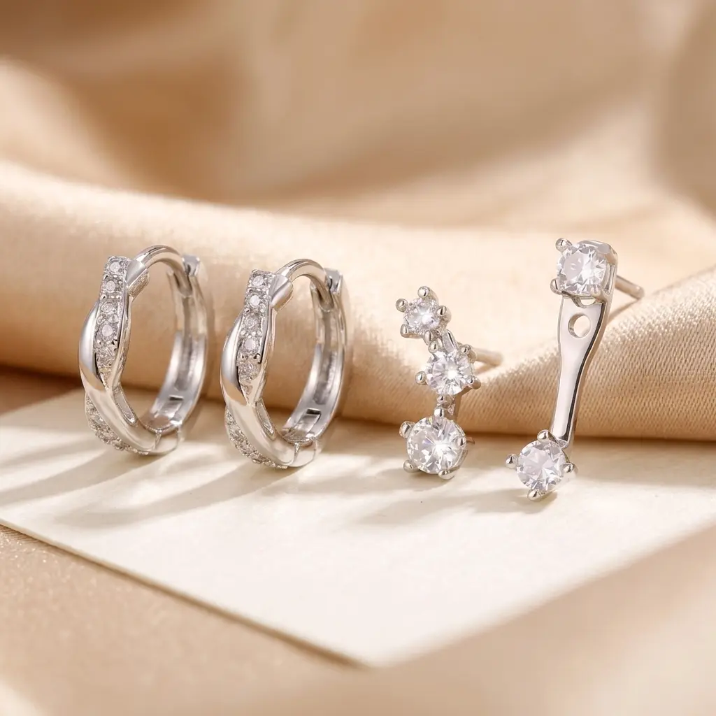 Trendy Silver Cubic Zirconia Earring Set ️ 3-Piece Mixed Design Curated Ear.
