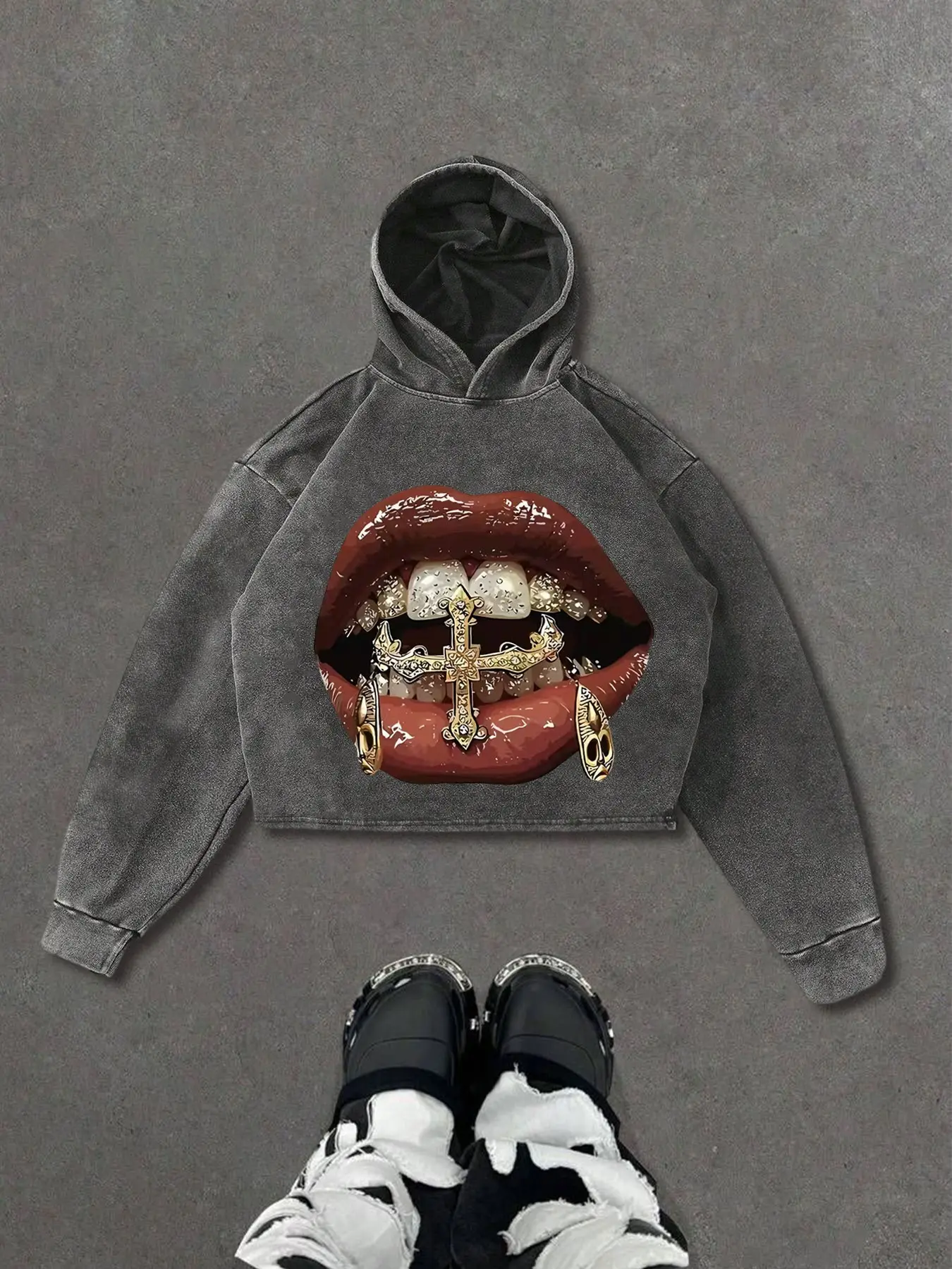 Men's Graphic Hoodie with Sexy Lips Print, Casual Loose-Fitting Long Sleeve Sweatshirt for Fall & Winter, Trendy Menswear Everyday Top