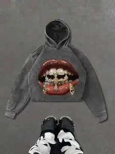 Men's Graphic Hoodie with Sexy Lips Print, Casual Loose-Fitting Long Sleeve Sweatshirt for Fall & Winter, Trendy Menswear Everyday Top