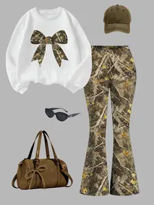 Summer women's branch bow print pullover sweatshirt and branch slim flared pants suit, fashionable and comfortable, suitable for daily wear, travel, vacation, leisure, versatile and street