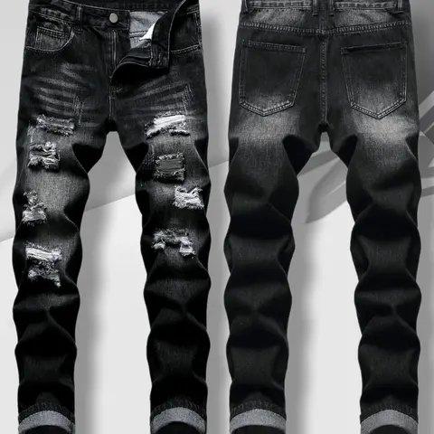 Men's Ripped Slim Straight Denim Jeans - Distressed, Compression-Fit, Buttoned, Tie-Dye, 00s Grunge Aesthetic Basic All-Seasons Casual Streetwear for Young Men (Halloween, Christmas Pick, High Street Western Wear)