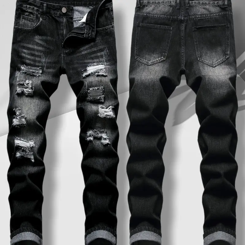 Men's Ripped Slim Straight Denim Jeans - Distressed, Compression-Fit, Buttoned, Tie-Dye, 00s Grunge Aesthetic Basic All-Seasons Casual Streetwear for Young Men (Halloween, Christmas Pick, High Street Western Wear)