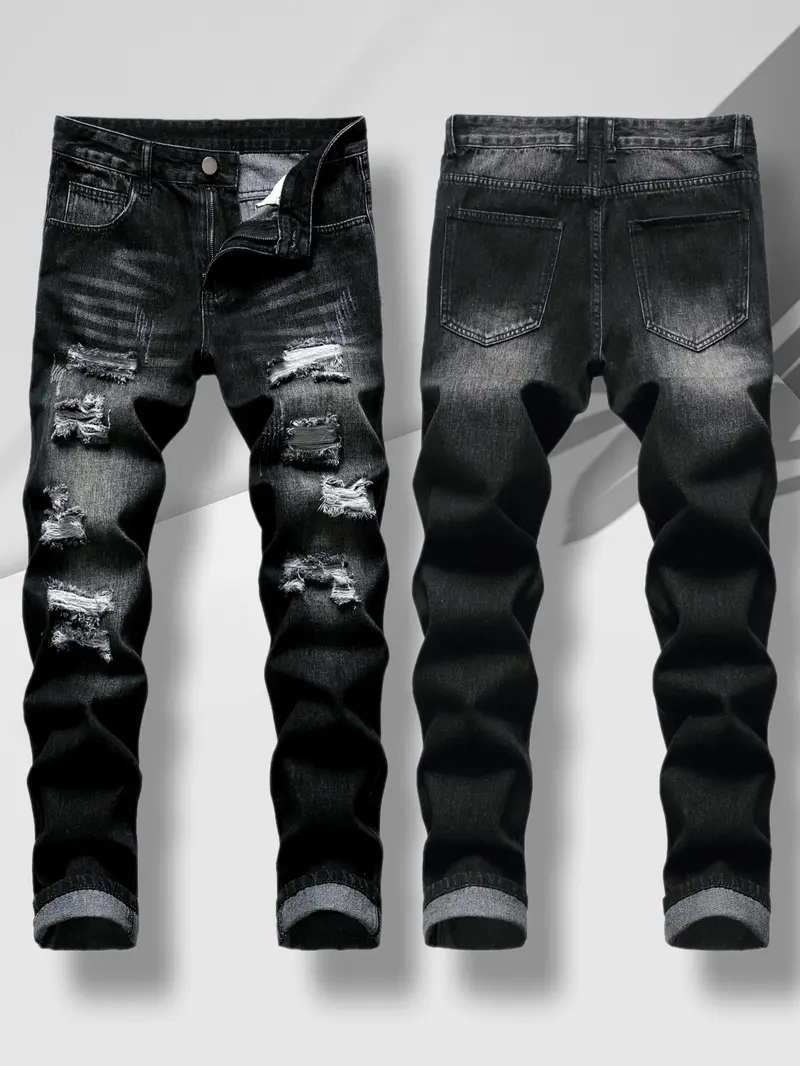 Men's ripped jeans, distressed ripped slim straight jeans compression  pants  ripped  jeans jeans  n  s high street jean fashion boy summer gomez  western  wear  outlet