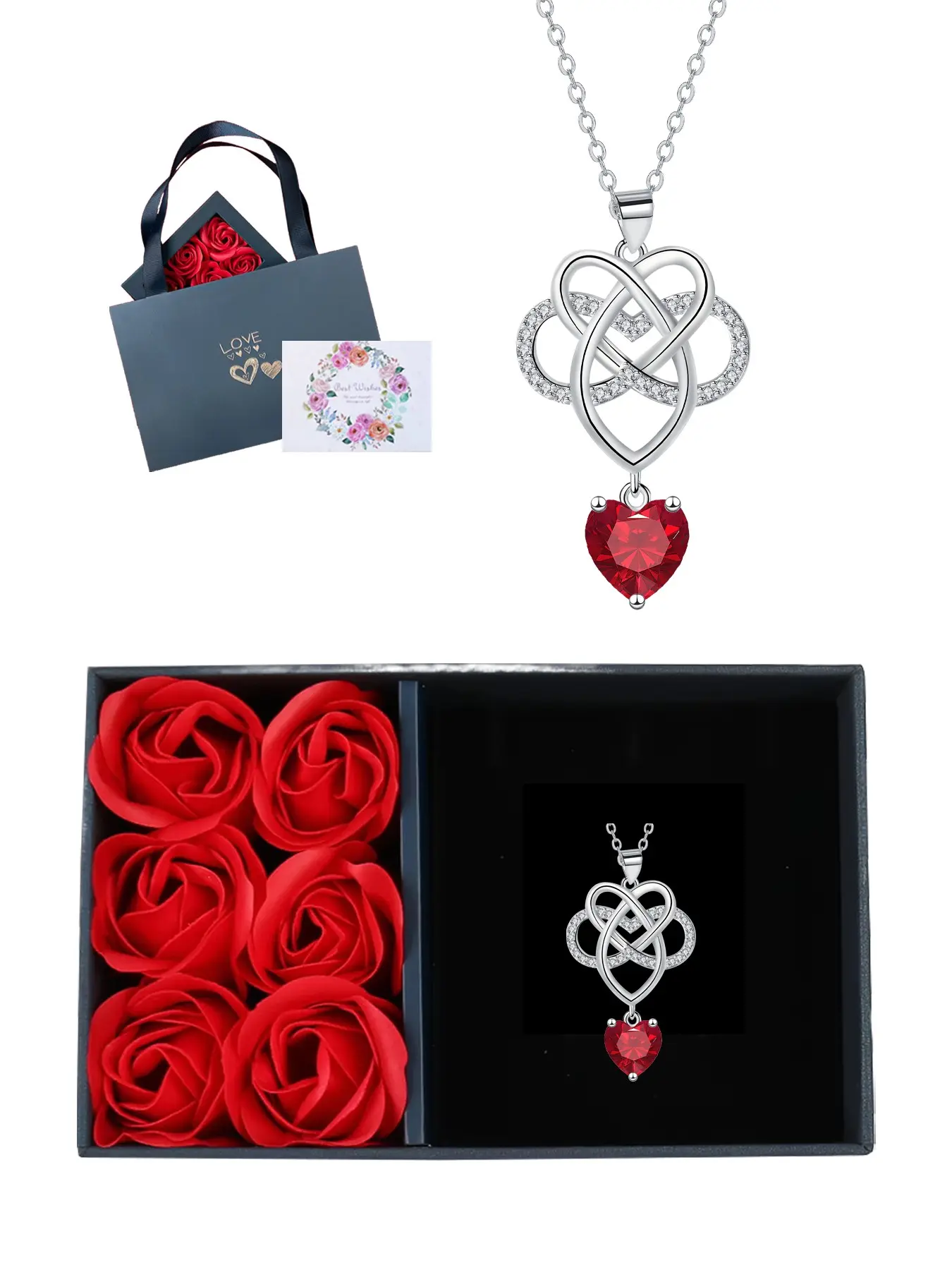 Infinity Celtic Knot Heart CZ Heart Design Necklace With Red Roses Jewelry Gift Box, Irish Pendant Good Luck Jewelry Gifts for Women, Mother's Day Birthday Valentines Gift for Her Mom Wife Girlfriend