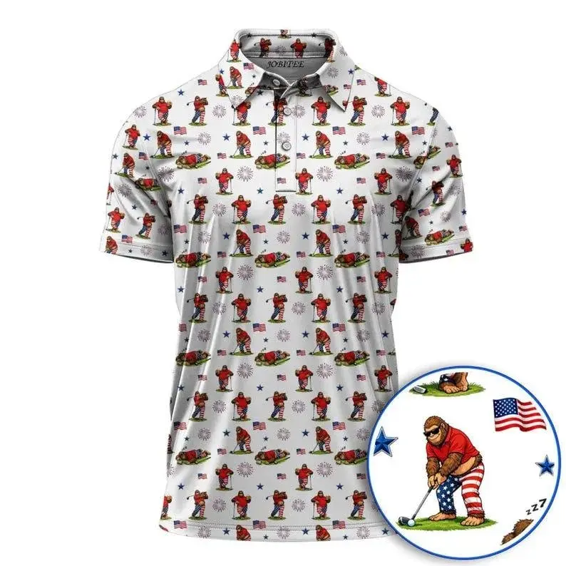 Bigfoot Patriotic Sasquatch Golf Polo Shirt for Men, Funny USA Golf Apparel