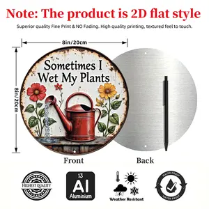 2D Flat, "Sometimes I Wet My Plants" Vintage Rustic Aluminum Sign - 8x8 Inch Funny Garden Wall Decor with Watering Can & Floral Design, Weather-Resistant Indoor/Outdoor Metal Art for Home, Patio, Fence, Kitchen - Humorous Plant Lover Gift