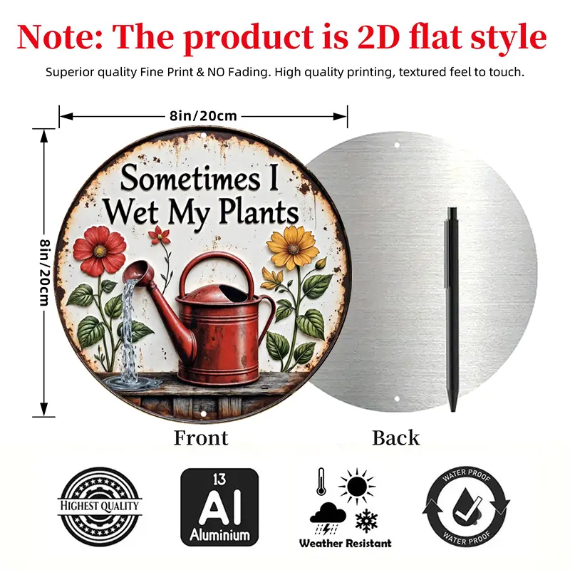 Vintage Rustic 2D Flat Aluminium Sign - 8x8 in "Sometimes I Wet My Plants" Funny Mountable Garden Wall Decor, Waterproof Eco-Friendly Outdoors Metal Art with Watering Can, Flowers for Home, Humorous Plant Lover Gift, Water Proof, Retro